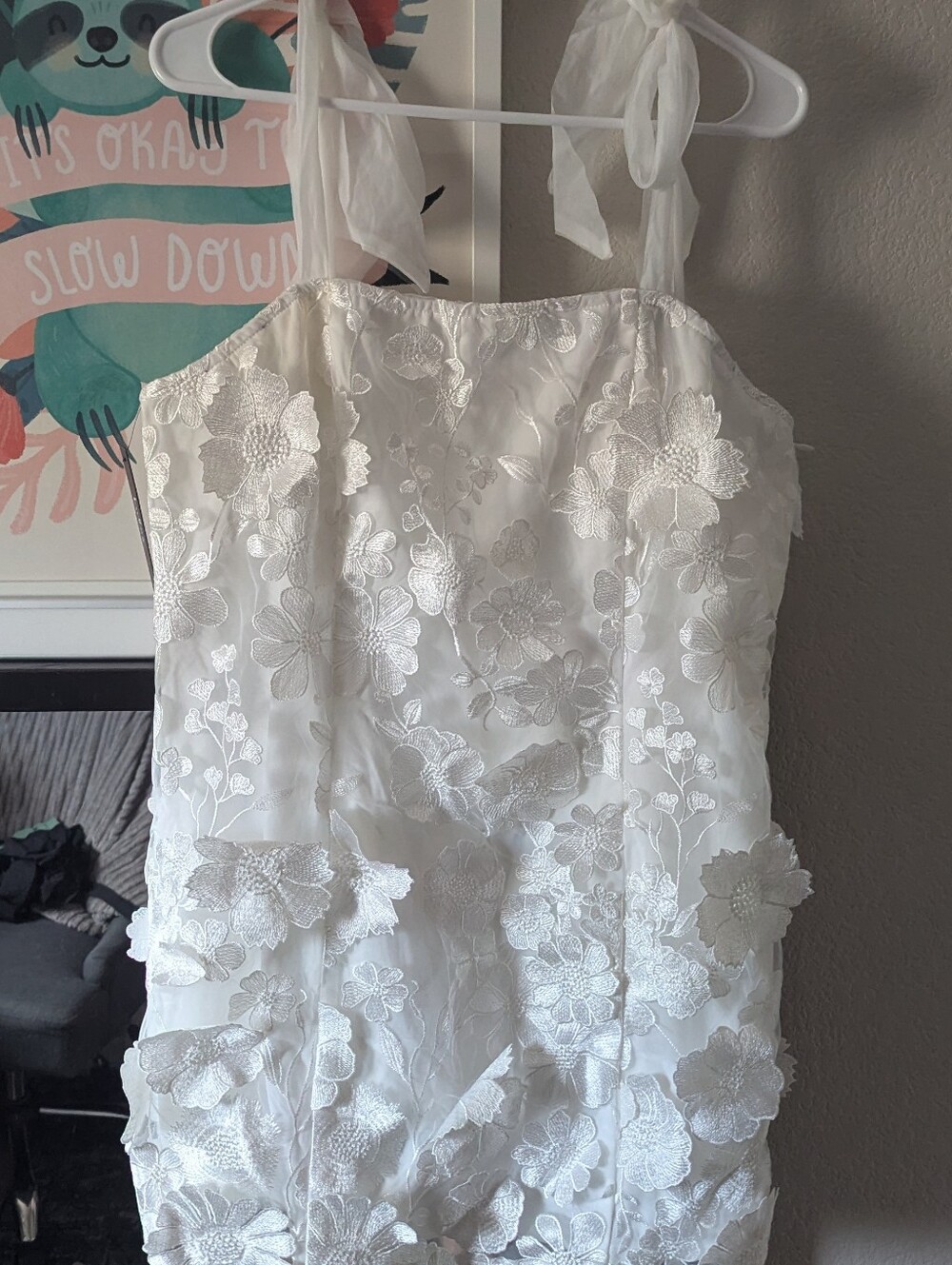 Lulu's White Floral Appliqué Tie-Shoulder Mini Dress XXL